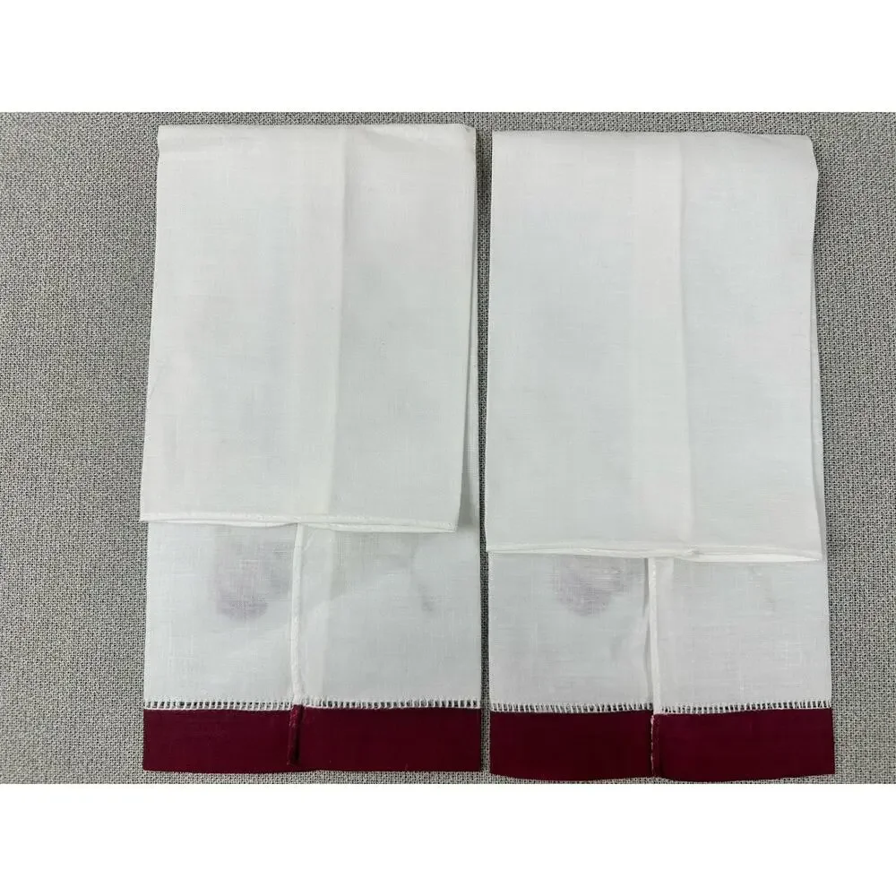 Set of Two (2) Tea Towels LINEN‎ White Maroon & Green Floral VTG Hand Painted